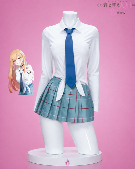 Marin Kitagawa Uniform Cosplay – My Dress-Up Darling JK School Uniform Costume Set white shirt blue tie and plaid skirt uniform front view