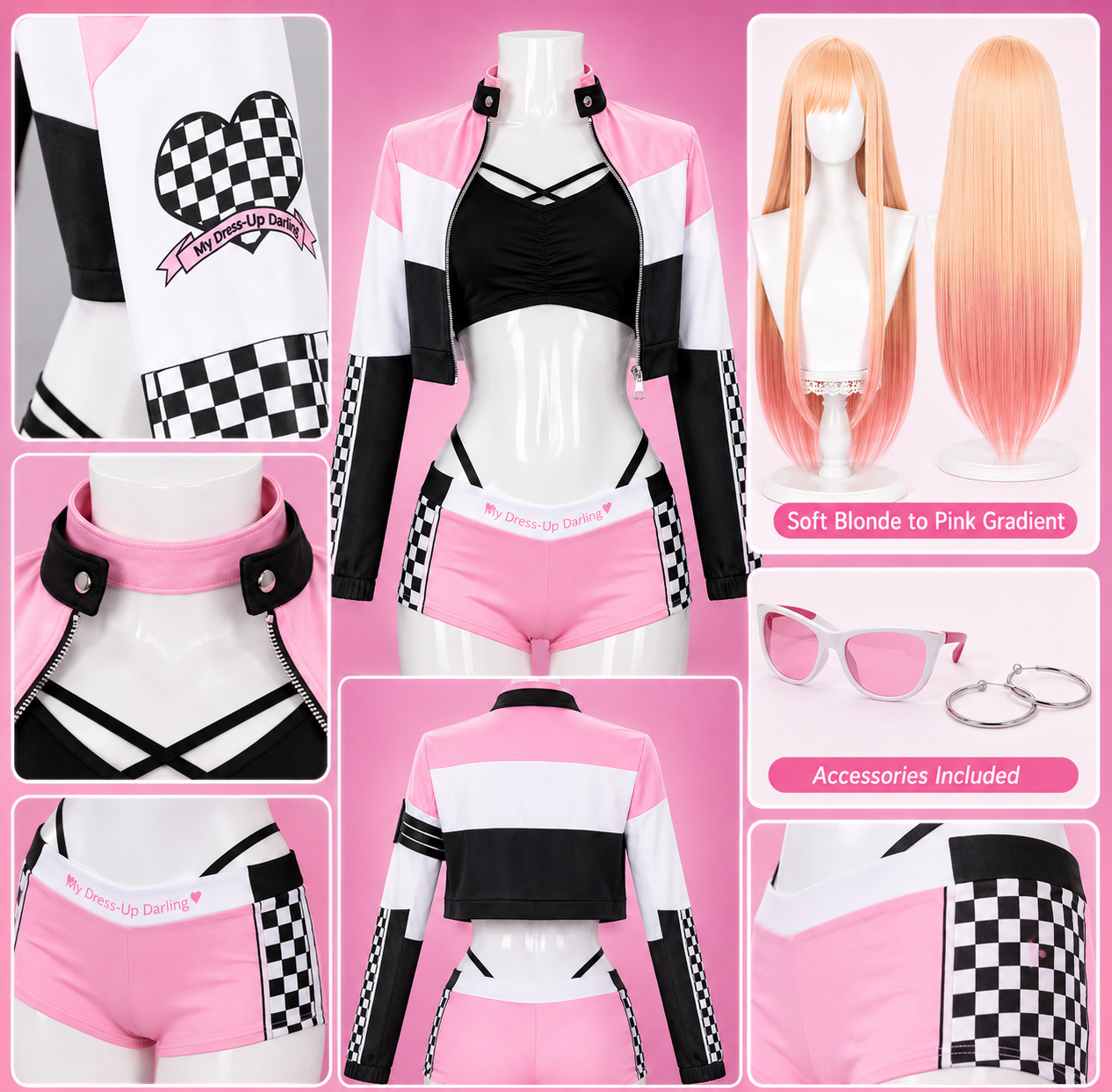 Collage of a cosplay outfit with checkered design, pink gradient wig, sunglasses, and accessories on a pink background.