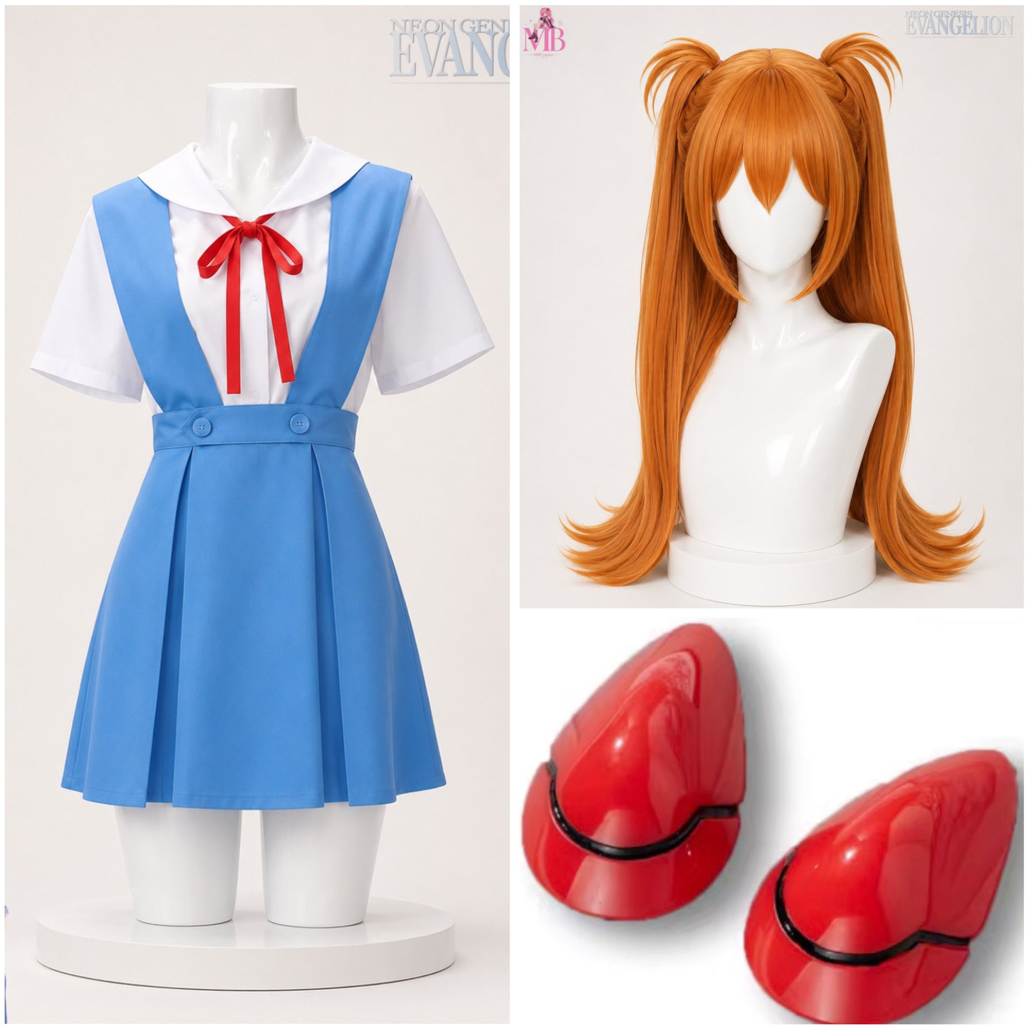 Complete Asuka Langley Soryu cosplay set including school uniform costume, long orange twin tail wig and signature red hair clips from Neon Genesis Evangelion.