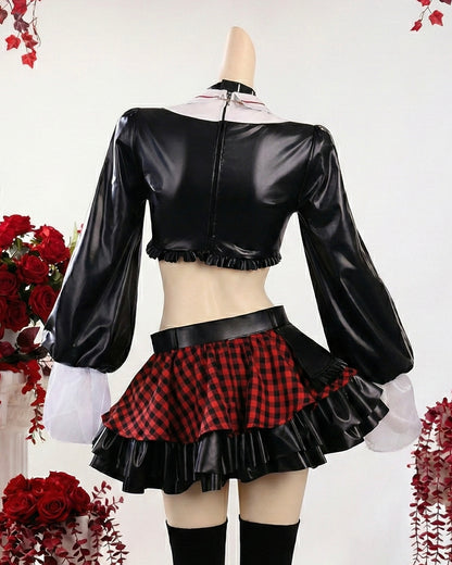 Black leather crop top and red plaid skirt with white gloves on a white background