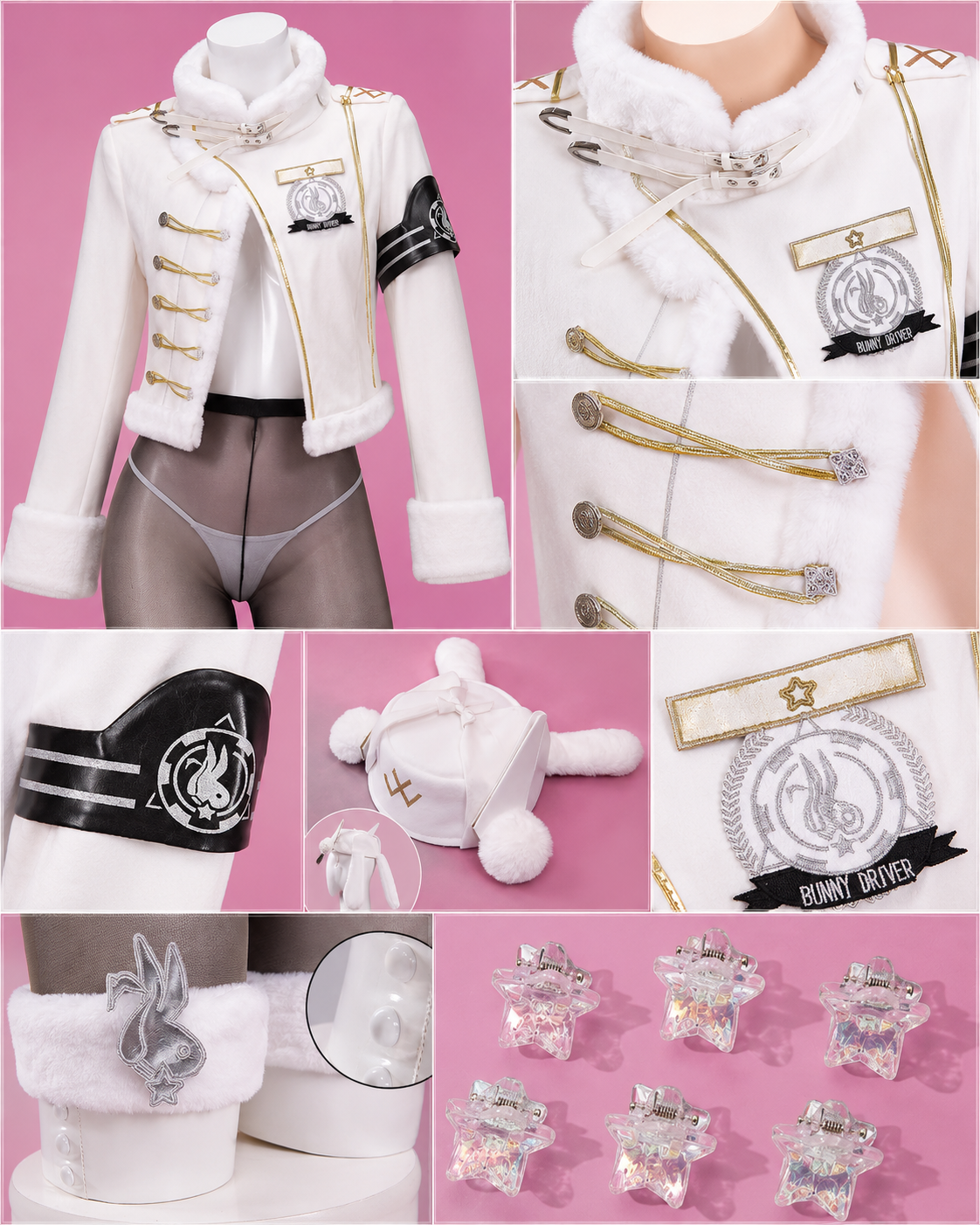 MBCosplay Blanc Fortune Express cosplay costume detail images showing embroidered patches, faux fur trim, military-style fastenings, bunny emblem accessories, hat details and premium craftsmanship from Goddess of Victory NIKKE.