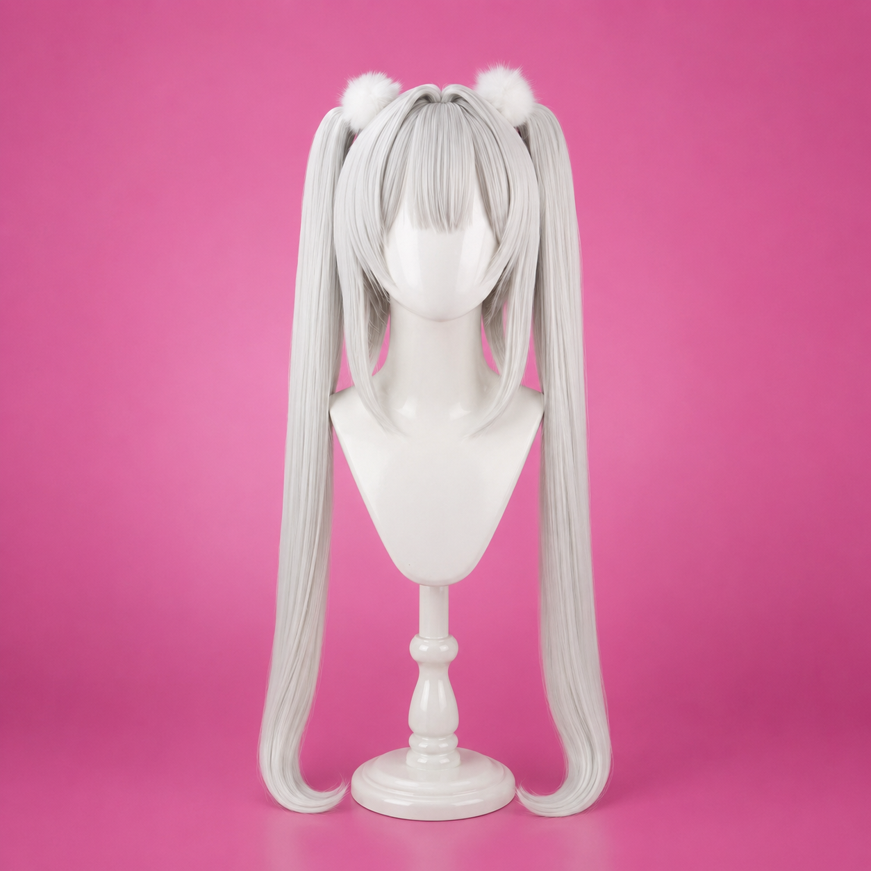 MBCosplay Blanc Fortune Express cosplay wig from Goddess of Victory NIKKE featuring long white twin tails, styled bangs and character-accurate anime cosplay hair design.
