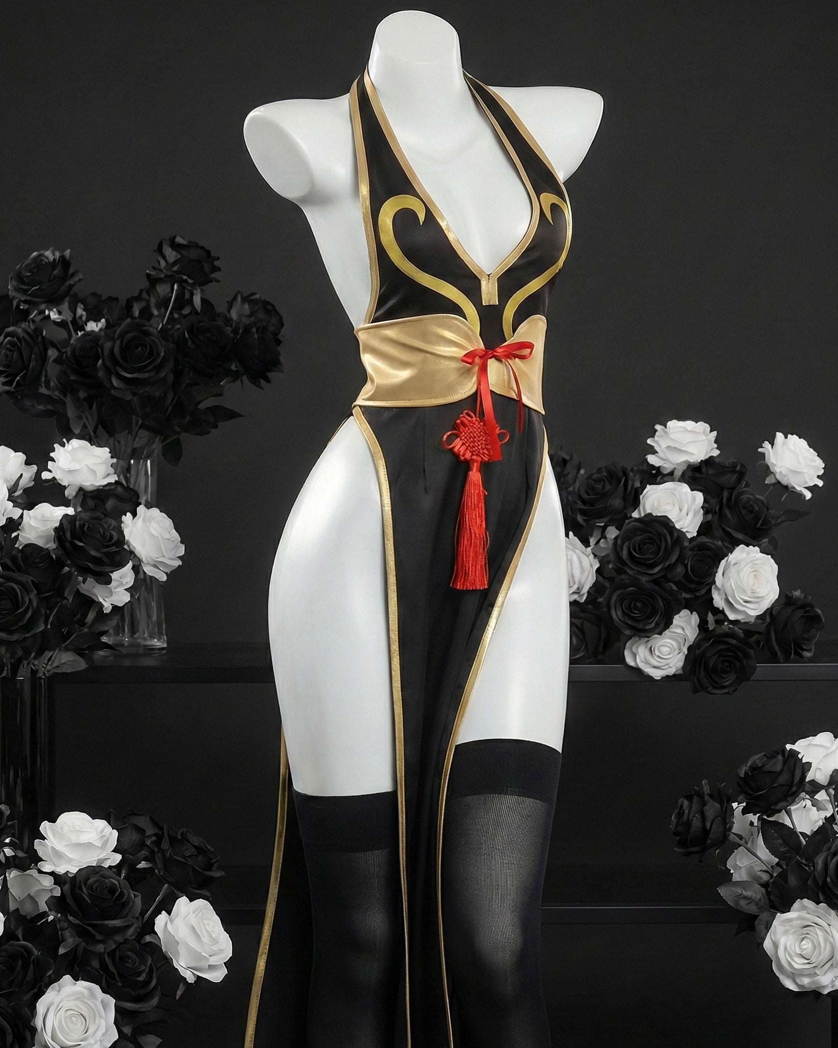 Front view of the Chun-Li inspired black and gold battle dress with red tassel by MBCosplay.
