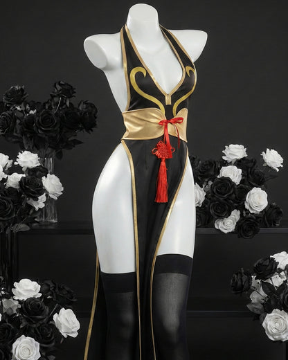 Front view of the Chun-Li inspired black and gold battle dress with red tassel by MBCosplay.