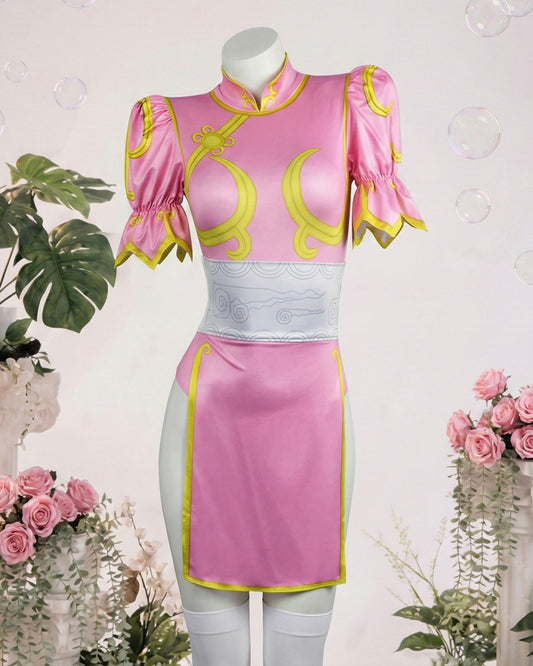 Front view of the Chun-Li inspired pink and yellow martial arts qipao with a white cloud-patterned sash by MBCosplay.