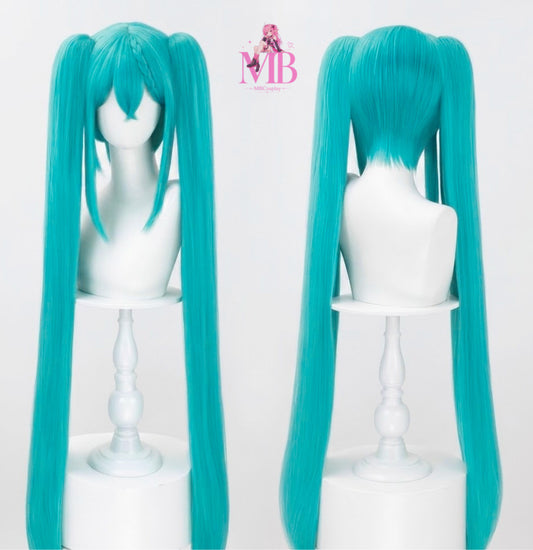 Mbcosplay long teal twin tail wig shown front and back for "Digital Diva" Hatsune Miku Wig