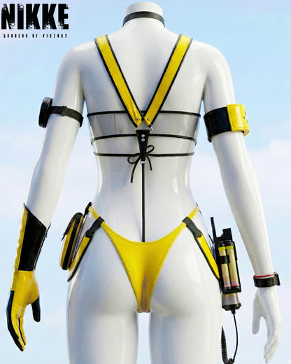 Rear view of the Elegg tactical harness and glossy bodysuit configuration by MBCosplay.