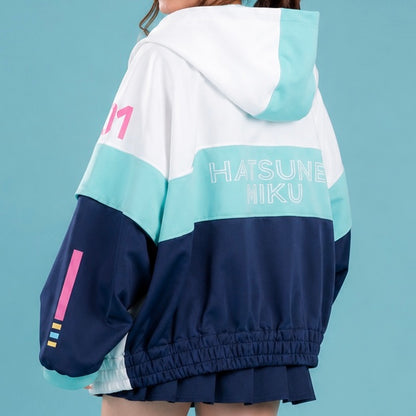 Back view of MBCosplay Hatsune Miku cosplay windbreaker jacket featuring embroidered Hatsune Miku text, oversized hood and anime-inspired Vocaloid streetwear styling.