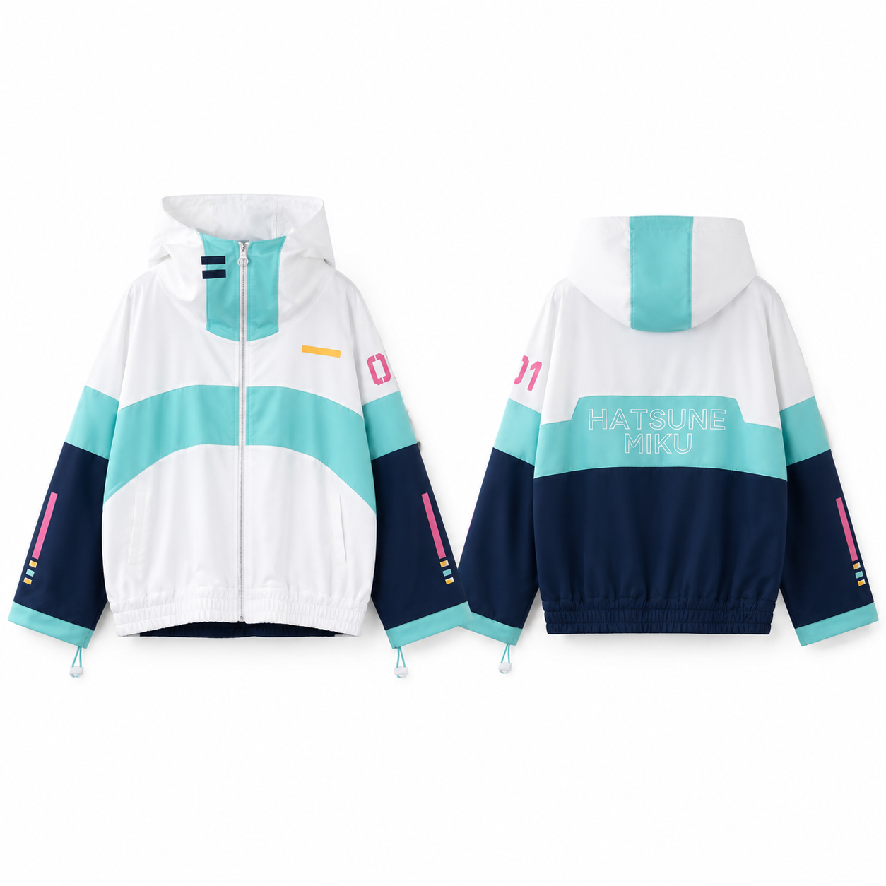 Front and back display of MBCosplay Hatsune Miku cosplay windbreaker jacket featuring hooded design, anime streetwear aesthetic and iconic Vocaloid-inspired colour palette.
