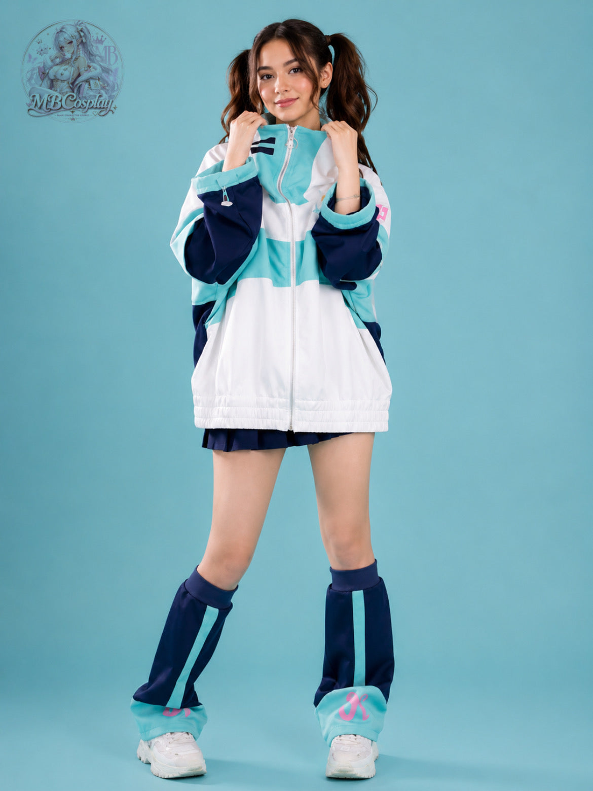 MBCosplay Hatsune Miku cosplay windbreaker jacket modelled in full body view featuring iconic Vocaloid turquoise, white and navy colour scheme with oversized hooded anime streetwear design.