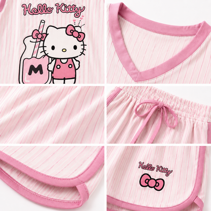 Close up details of MBCosplay Hello Kitty Strawberry Milk pajama set showing soft fabric, V-neck trim, elastic waistband, drawstring shorts and kawaii Sanrio character print.