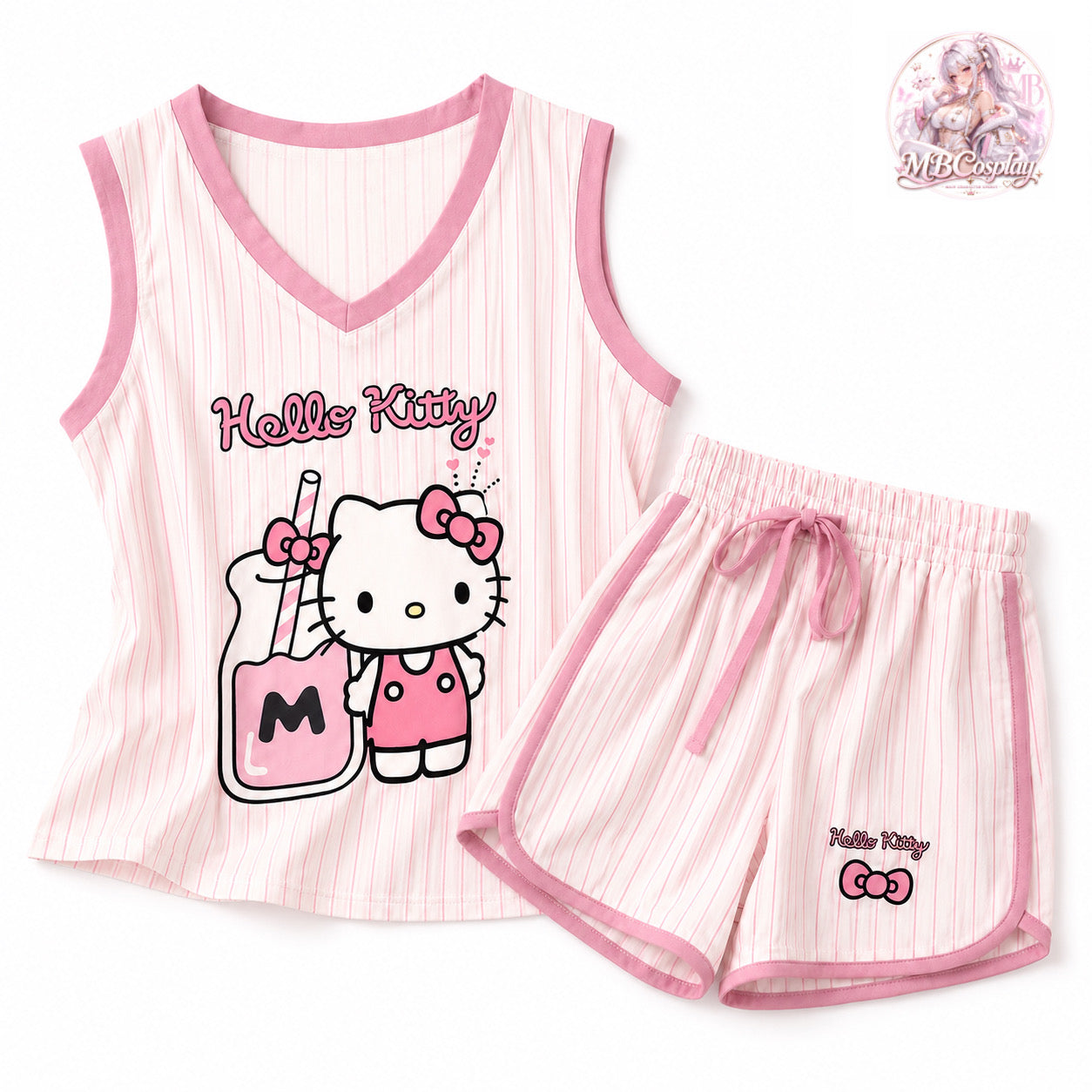 MBCosplay Hello Kitty Strawberry Milk pajama set featuring pink striped sleeveless top and matching shorts, kawaii Sanrio summer sleepwear and comfortable loungewear set.