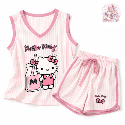 MBCosplay Hello Kitty Strawberry Milk pajama set featuring pink striped sleeveless top and matching shorts, kawaii Sanrio summer sleepwear and comfortable loungewear set.
