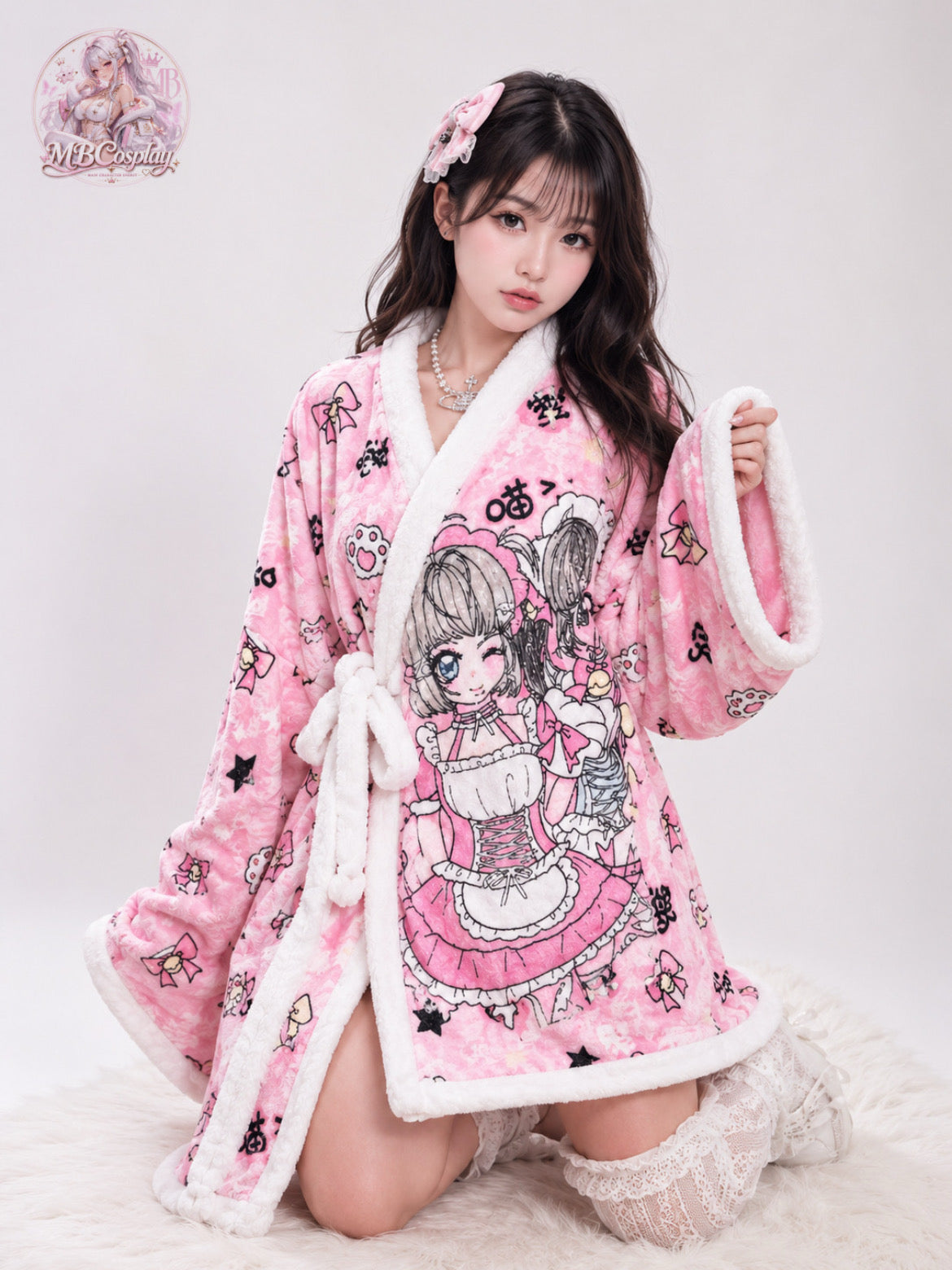 Model wearing MBCosplay kawaii pink anime fleece robe with plush white trim, cute Japanese lolita-inspired artwork and cosy oversized fit perfect for winter loungewear and sleepwear.