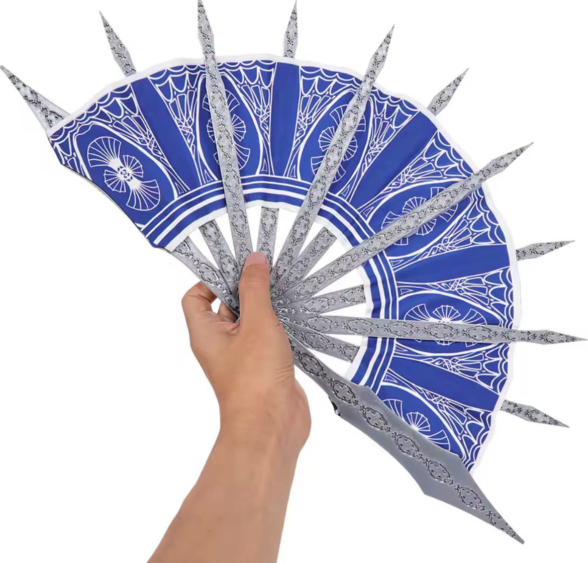 Open view of the royal blue and silver Kitana-inspired battle fan by MBCosplay featuring decorative Edenian spikes.