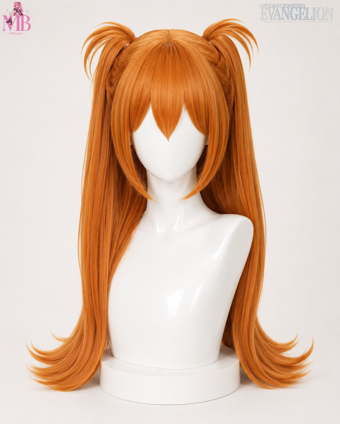 Premium Asuka Langley Soryu long orange twin tail cosplay wig from Neon Genesis Evangelion with styled fringe and signature red hair clips.