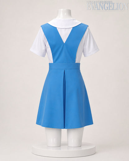 Back view of MBCosplay Asuka Langley Soryu Neon Genesis Evangelion school uniform cosplay costume showing the blue pinafore and sailor collar detail.