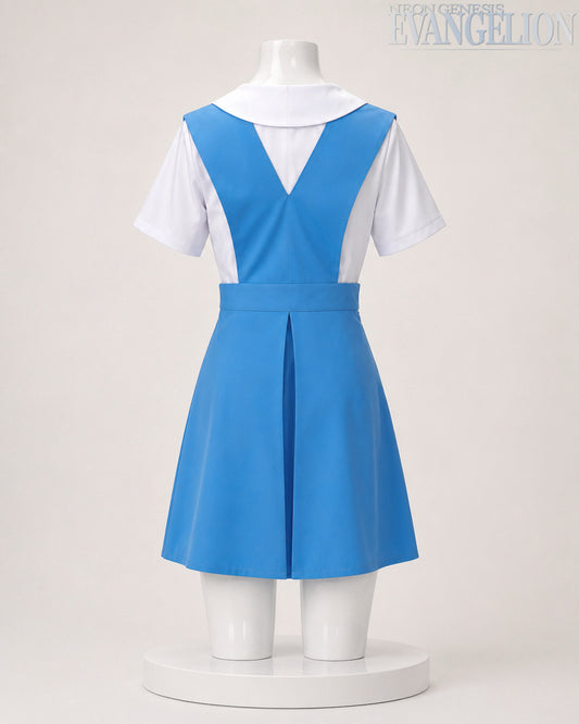 Back view of MBCosplay Asuka Langley Soryu Neon Genesis Evangelion school uniform cosplay costume showing the blue pinafore and sailor collar detail.