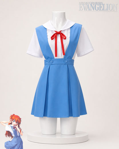 Front view of MBCosplay Neon Genesis Evangelion Asuka Langley Soryu school uniform cosplay costume featuring the iconic blue pinafore dress, white sailor blouse and red ribbon.