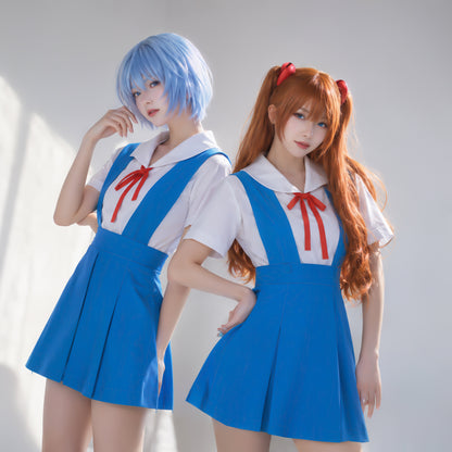 Professional cosplay photoshoot featuring Rei Ayanami and Asuka Langley Soryu wearing their iconic Neon Genesis Evangelion school uniforms.