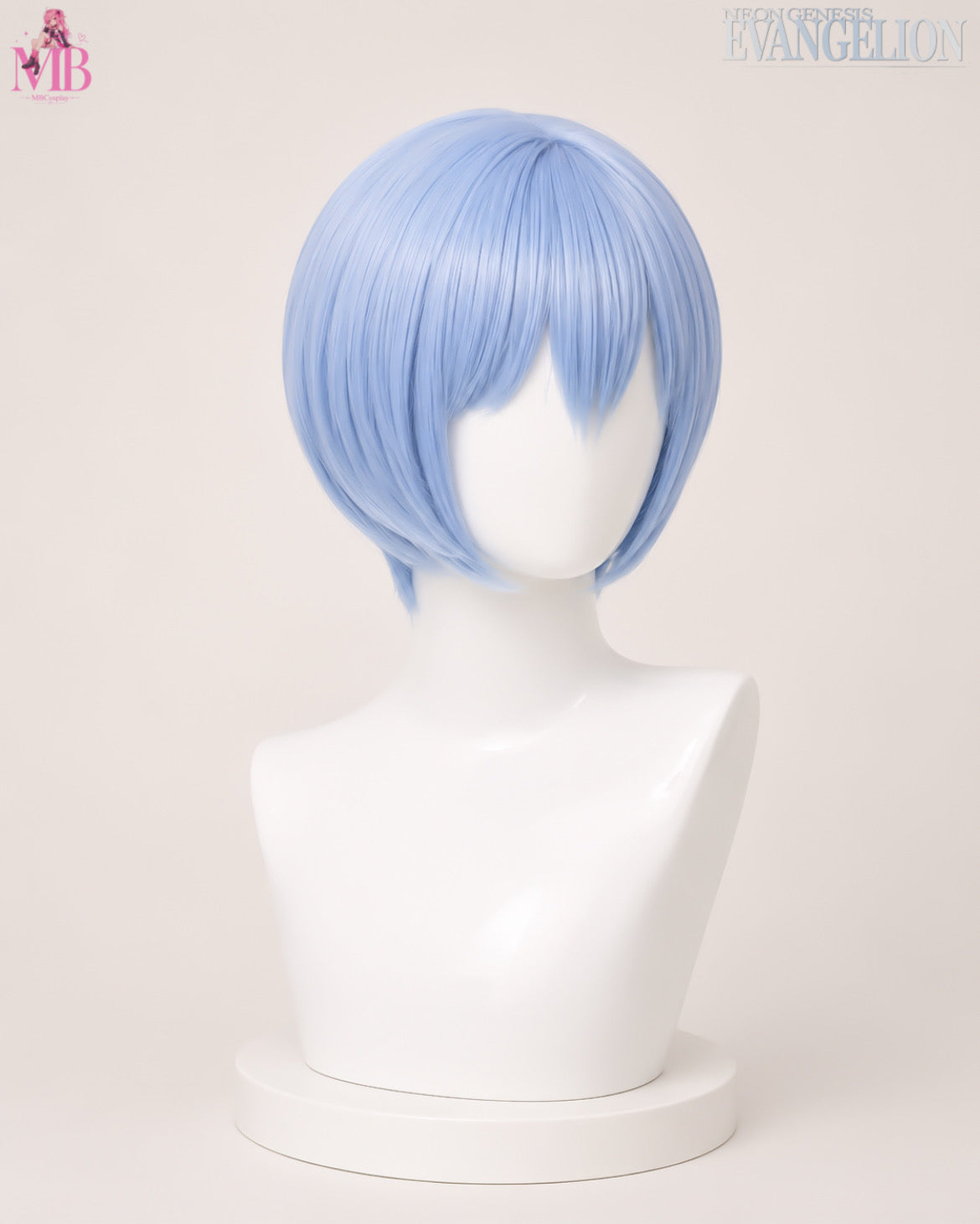 Premium Rei Ayanami short light blue cosplay wig from Neon Genesis Evangelion with smooth layered bob styling and anime-accurate fringe.