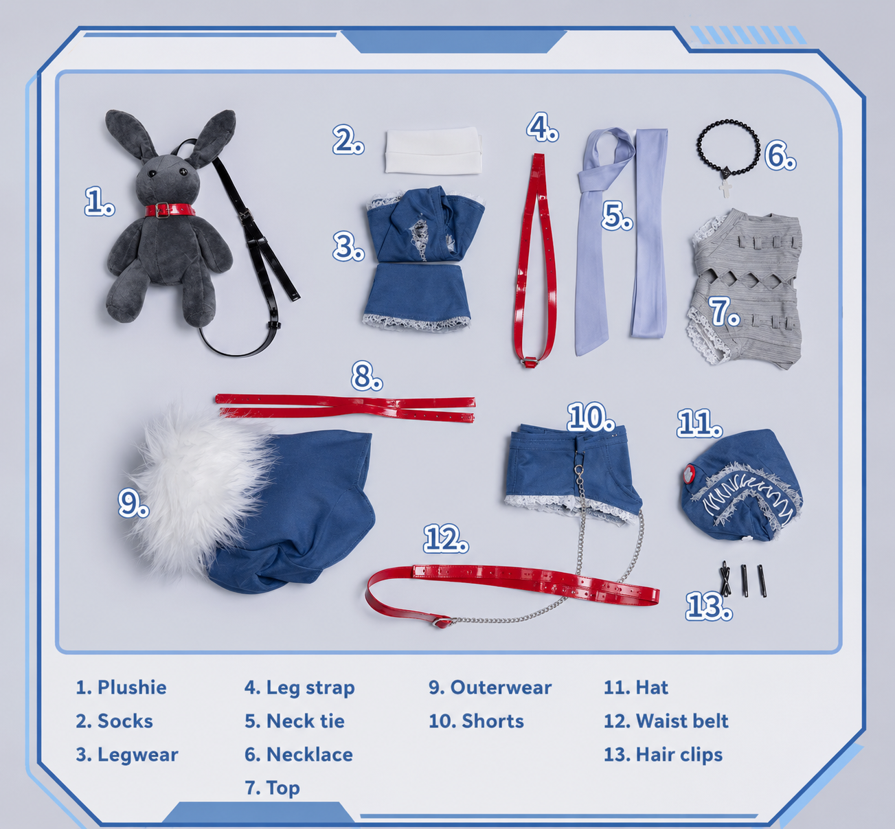 MBCosplay Rei Ayanami cosplay full set including plush rabbit backpack, bodysuit, shorts, fur jacket sleeves, necktie, necklace, belt, hat, hair clips and anime accessories