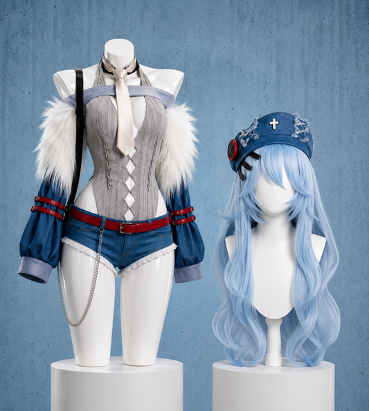 MBCosplay Rei Ayanami Evangelion cosplay front view featuring detailed corset bodysuit, fur sleeves, denim shorts, necktie, belt chain and anime convention ready costume with wig