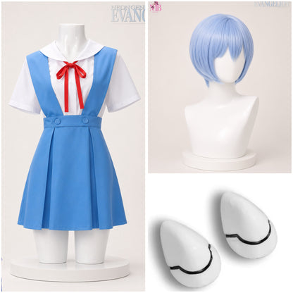 Complete Rei Ayanami cosplay set including school uniform costume, short blue wig and white hair clips inspired by Neon Genesis Evangelion.