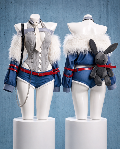 MBCosplay Rei Ayanami Rock Band Figure Version cosplay costume from Neon Genesis Evangelion featuring knit corset bodysuit, fur trimmed jacket sleeves, denim shorts, rabbit backpack, red accessories