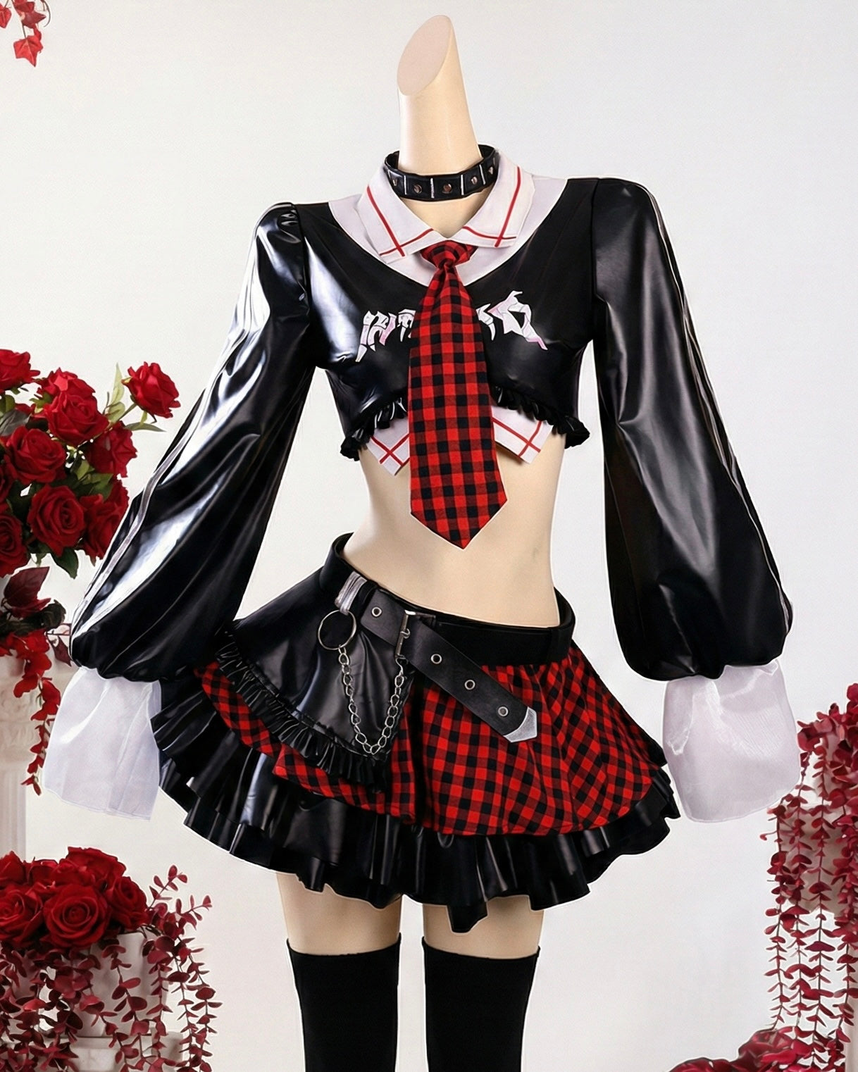 Front view of the Shikinami Soryu inspired punk style cosplay by MBCosplay featuring a black crop top and checkered skirt.