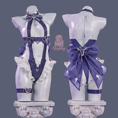 Full body view of MBCosplay Vivian Iris of the Shore swimsuit cosplay from Zenless Zone Zero

