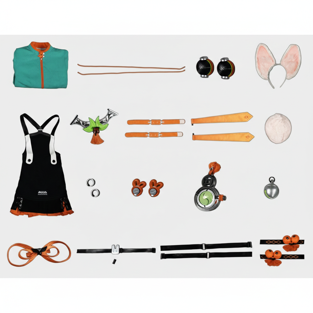 Flat lay of all accessories included in the MBCosplay Zhao Bunny full set, including the rabbit ears, neckpiece, gloves, and pink leg warmers