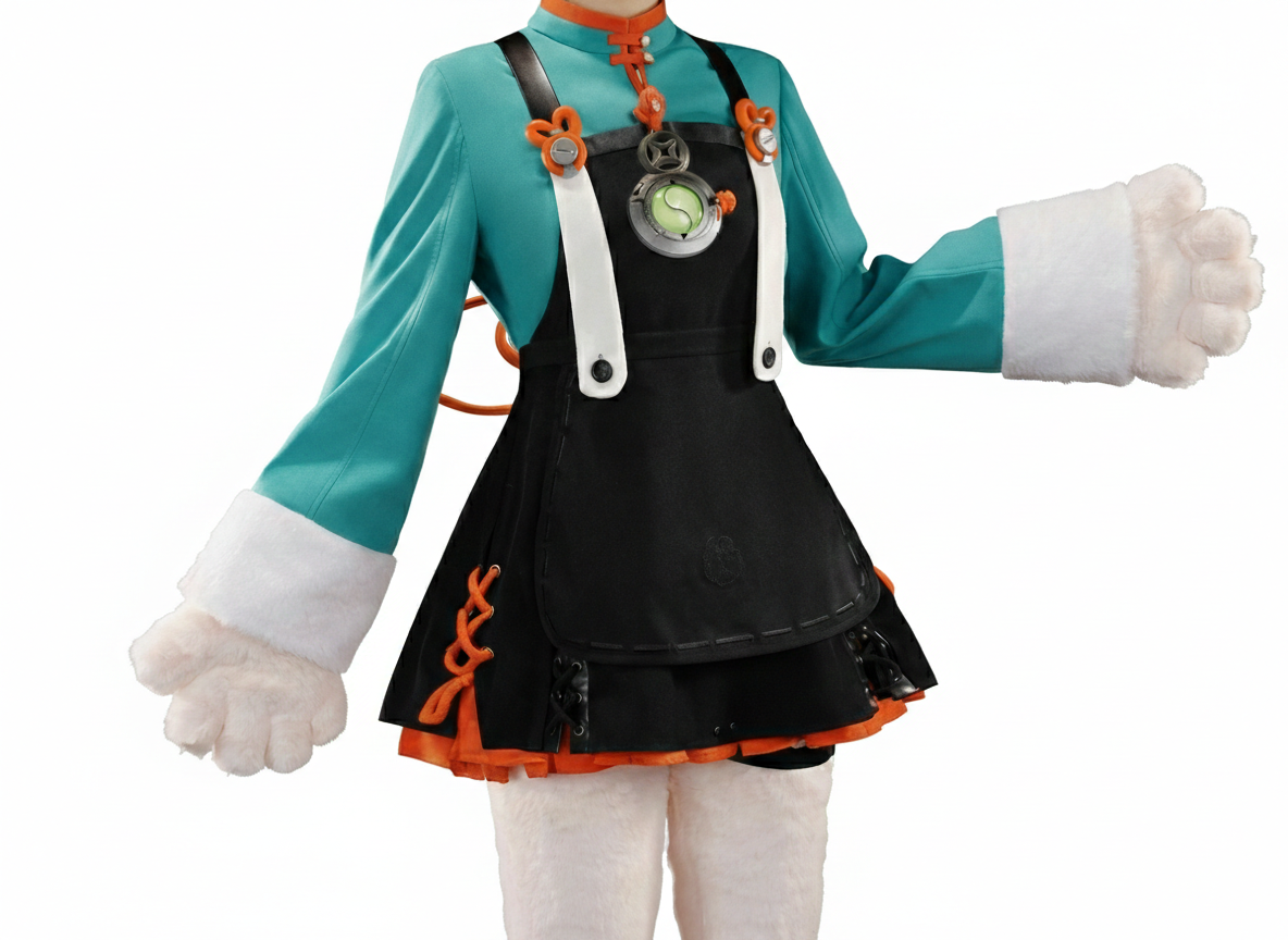 Full-body view of the MBCosplay Zhao Bunny cosplay from Zenless Zone Zero, showcasing the pink and white bodice, oversized bunny ears, and fluffy tail accessories