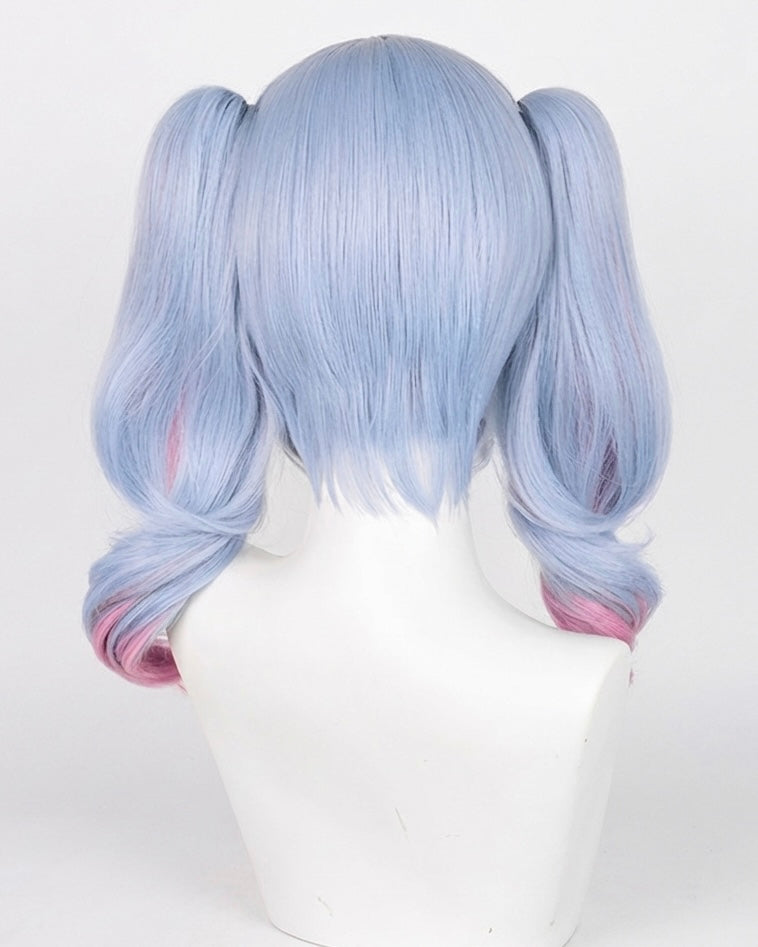 Rear view of the Miku Rabbit Hole cosplay wig showing the pigtail placement and the pink dip-dyed ends.