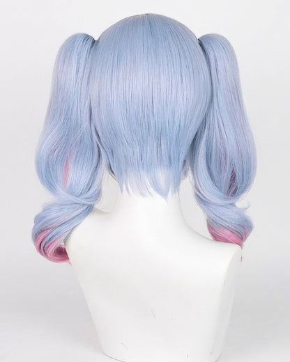 Rear view of the Miku Rabbit Hole cosplay wig showing the pigtail placement and the pink dip-dyed ends.