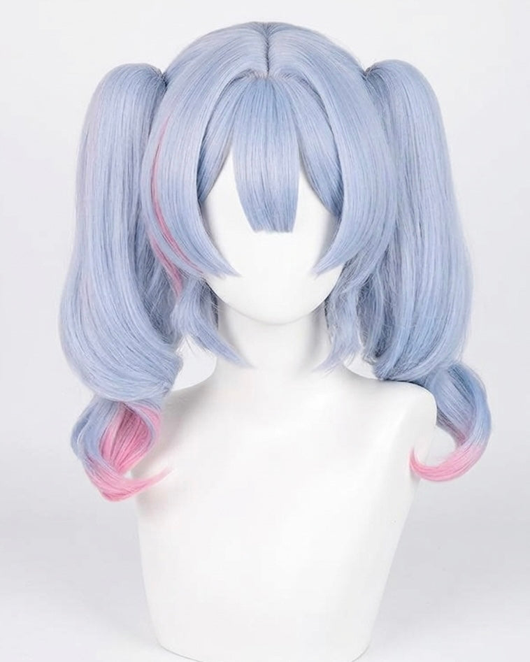 Front view of the light blue Hatsune Miku Rabbit Hole wig featuring thick bangs, pink highlights, and bouncy pigtails on a mannequin.