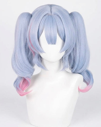 Front view of the light blue Hatsune Miku Rabbit Hole wig featuring thick bangs, pink highlights, and bouncy pigtails on a mannequin.