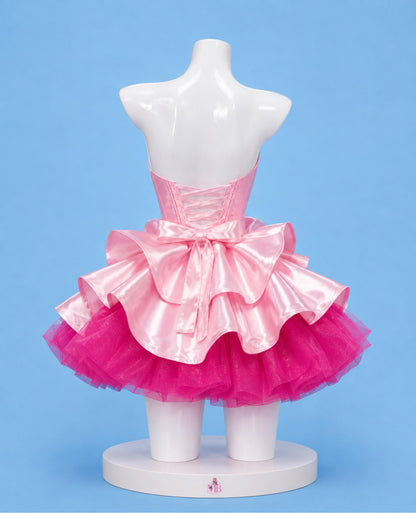 Back view of Mizi Zombie Stage cosplay costume with corset lacing and layered pink skirt