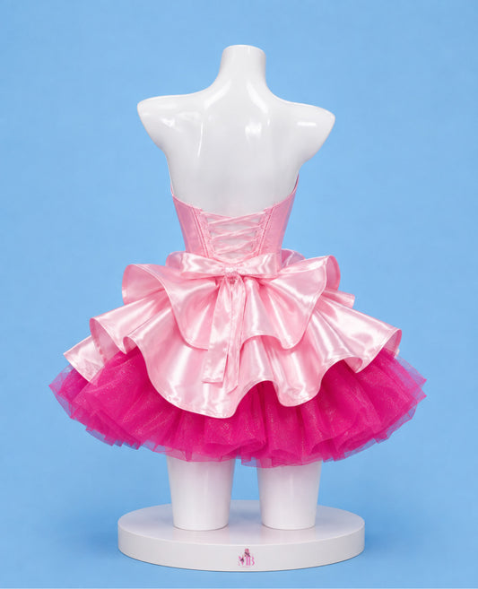 Back view of Mizi Zombie Stage cosplay costume with corset lacing and layered pink skirt