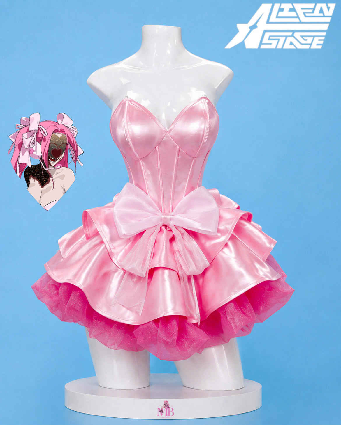 Mizi Zombie Stage Alien Stage cosplay costume with pink satin corset, bow and layered skirt