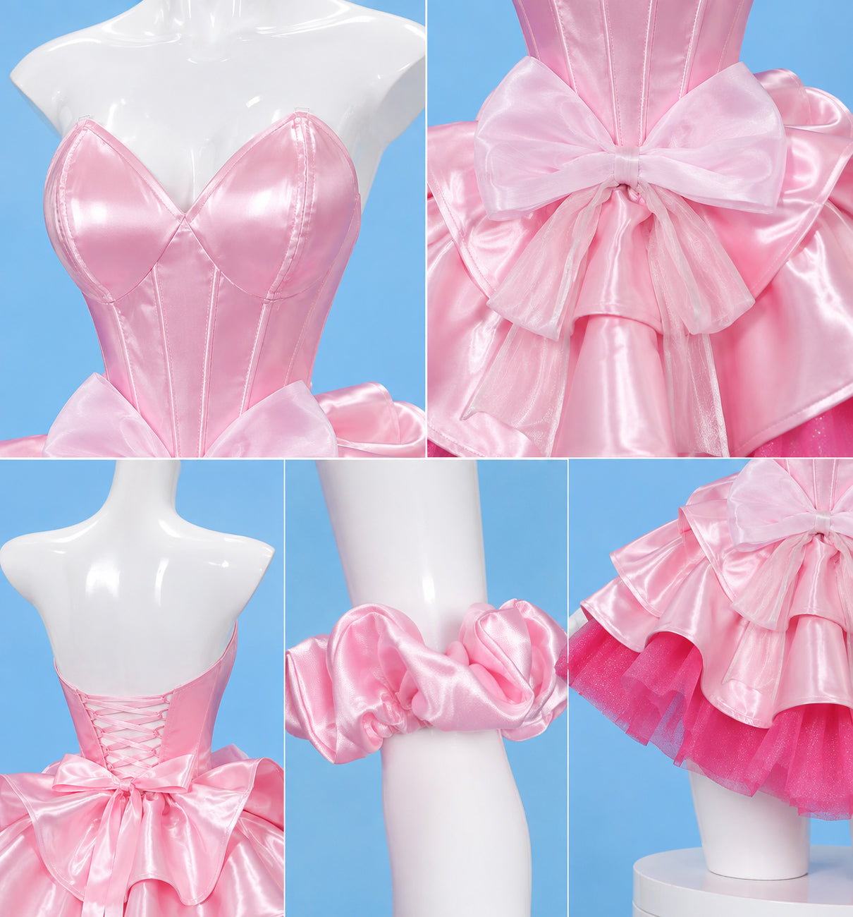 Close-up details of Mizi Zombie Stage cosplay costume including satin corset, bow, skirt and scrunchie