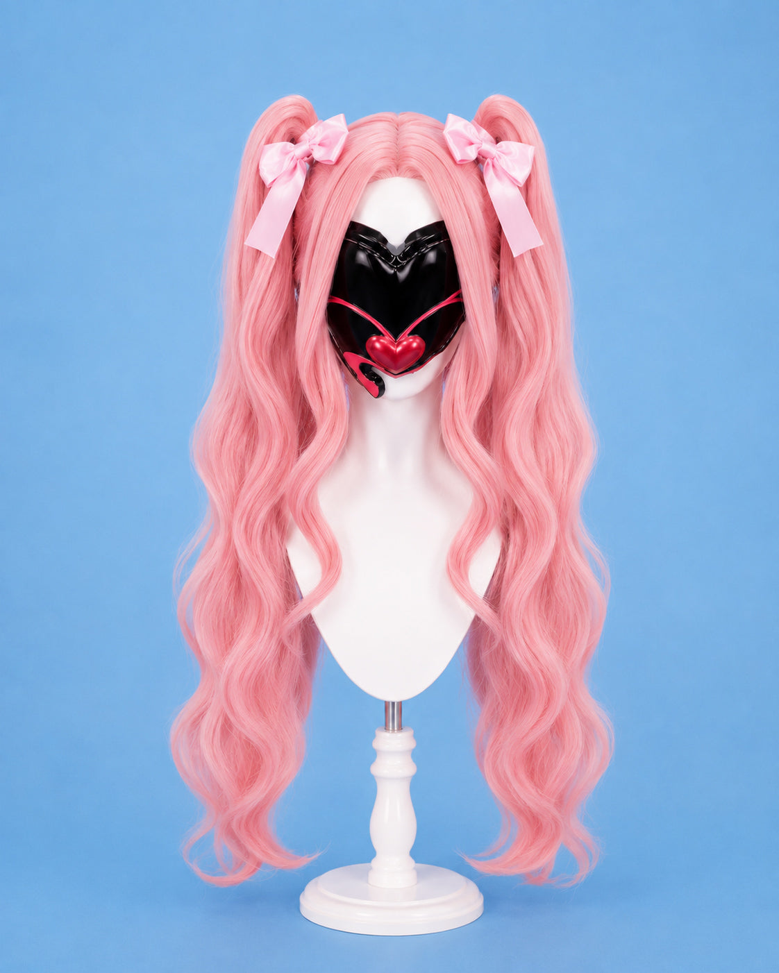 Mizi Zombie Stage pink twin-tail cosplay wig with hair bows and black heart mask