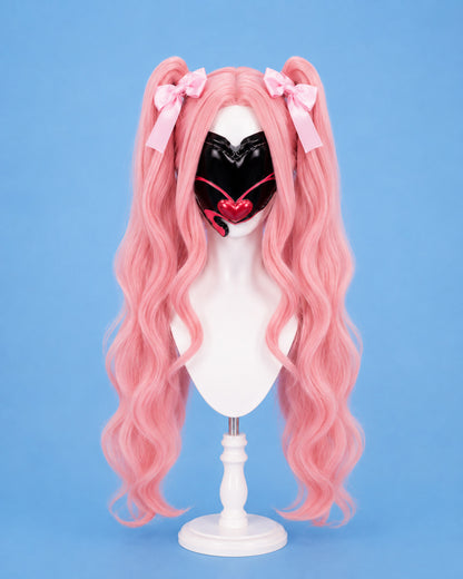 Mizi Zombie Stage pink twin-tail cosplay wig with hair bows and black heart mask