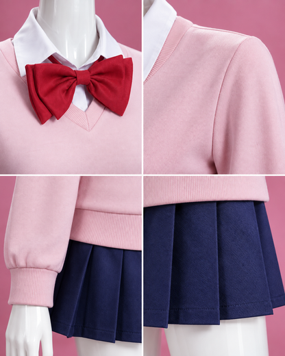 Close-up details of the Momo Ayase costume showing red bow, pink jumper and pleated skirt
