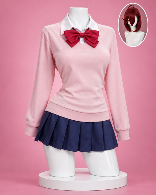 Momo Ayase Dandadan cosplay set with pink school uniform and red character wig