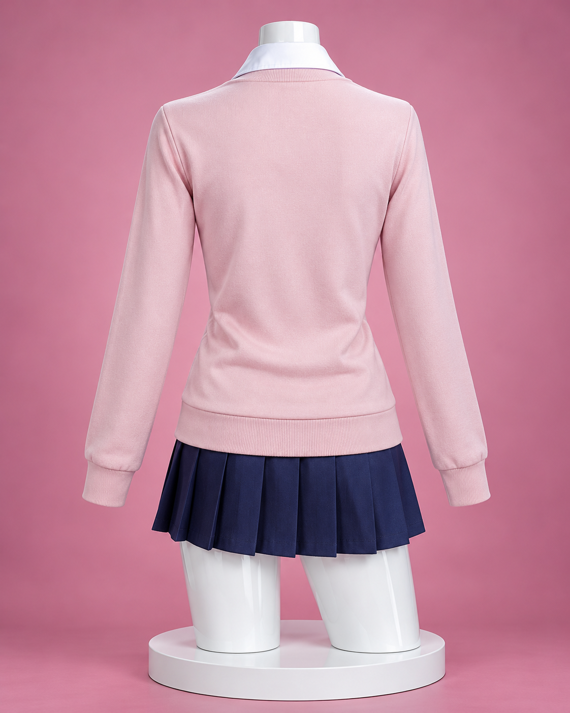Back view of the Momo Ayase school uniform with pink jumper and navy pleated skirt