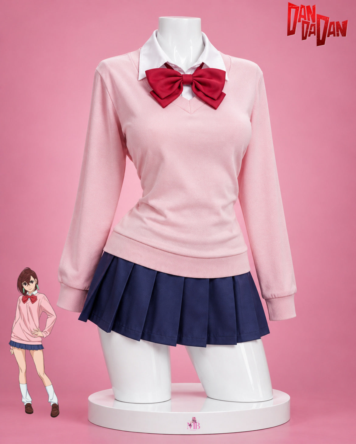 Momo Ayase from Dandadan wearing her pink jumper, navy skirt and white leg warmers