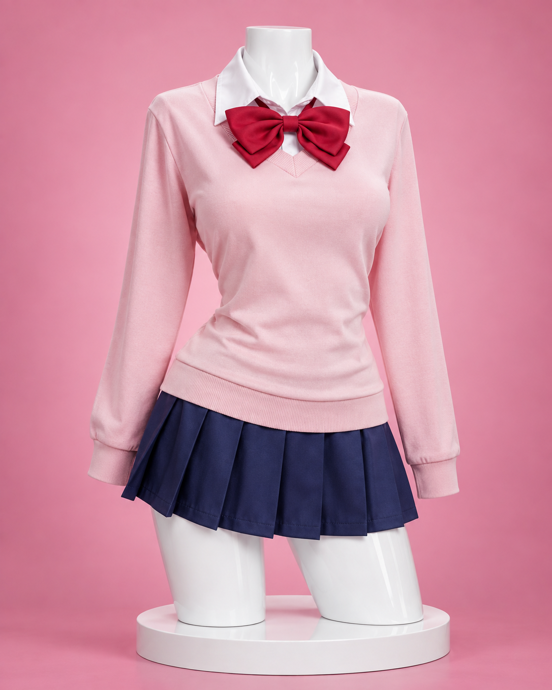 Front view of the Momo Ayase Dandadan cosplay uniform with pink jumper and navy skirt
