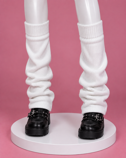 White knitted leg warmers styled for the Momo Ayase Dandadan cosplay outfit