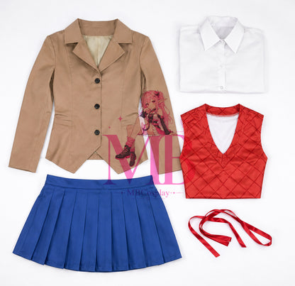 Monika cosplay costume full DDLC school uniform set with brown jacket, white shirt, red vest, blue pleated skirt and ribbon